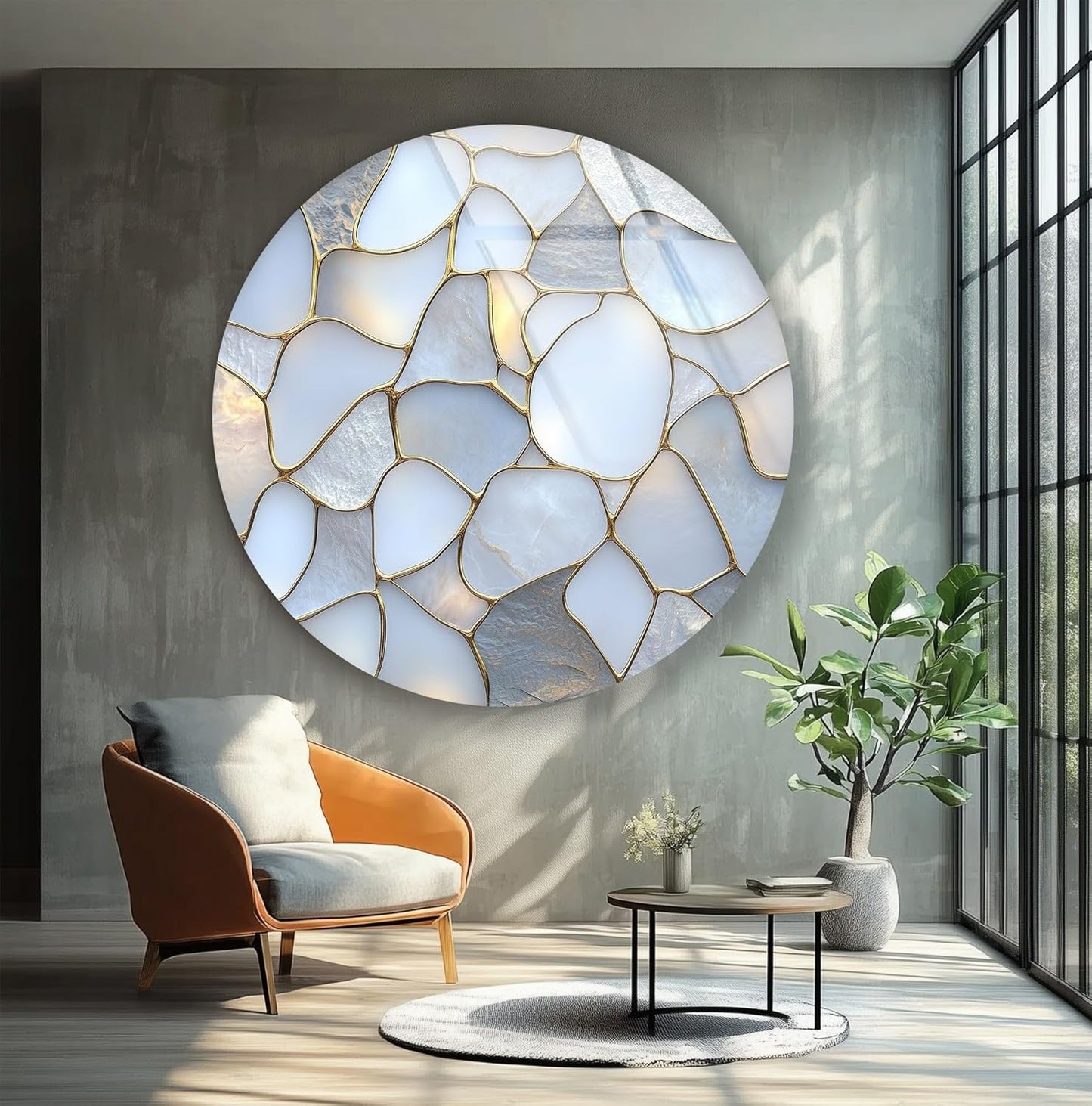 My Photostation.com 20''(50cm) Diameter White Stone Mosaic Round Glass Wall Art Tempered Glass Printing Wall Decor Large Wall Art Wall Hangings