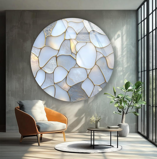 My Photostation.com 15.8''(40cm) Diameter White Stone Mosaic Round Glass Wall Art Tempered Glass Printing Wall Decor Large Wall Art Wall Hangings