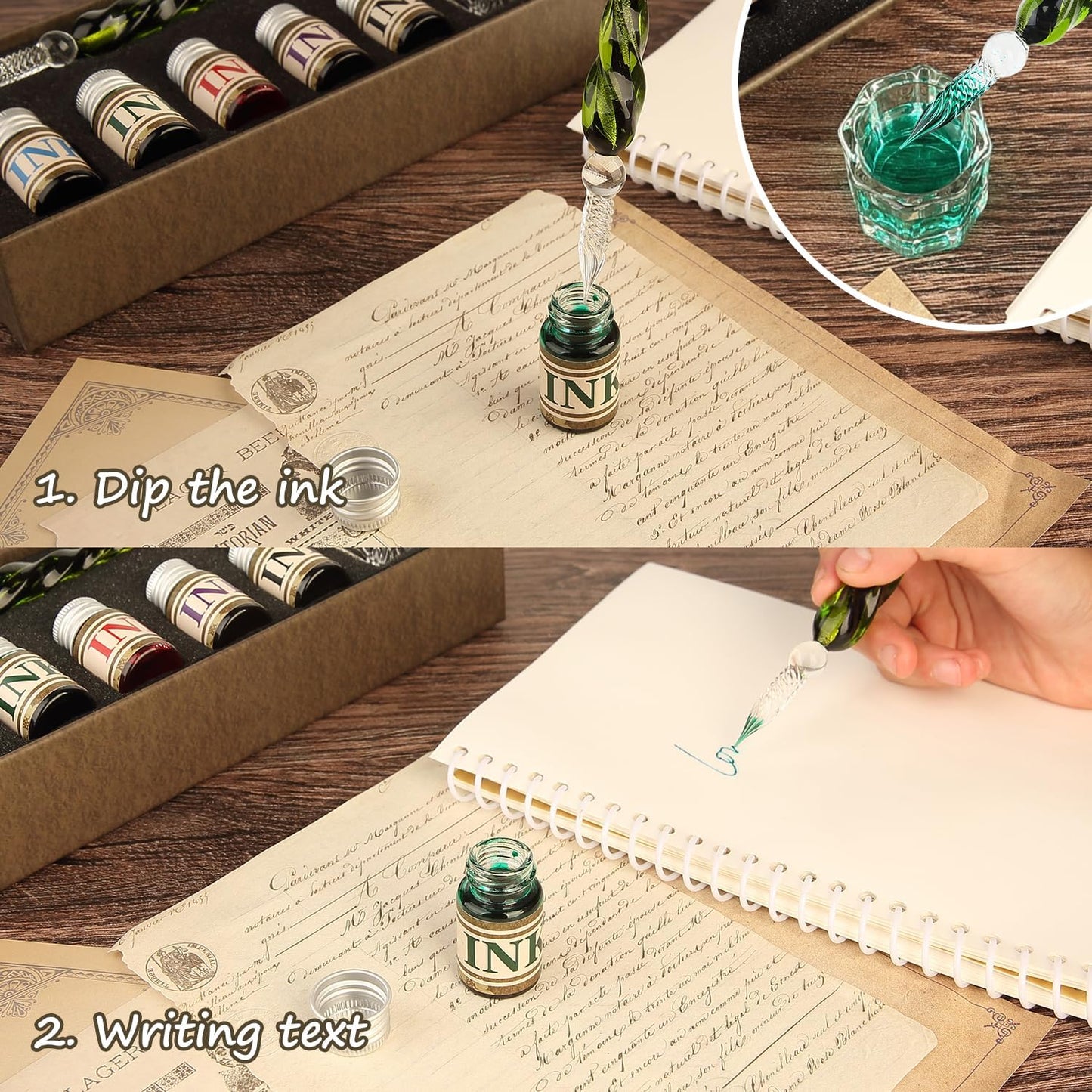 Mancola Glass Dipped Crystal Calligraphy Pen Set with 5 Colorful India Ink, 1 Pen Holder, 1 Cleaning Cup, Ink Drip Tool, Signatures, Drawing, Decoration Kits for Beginners