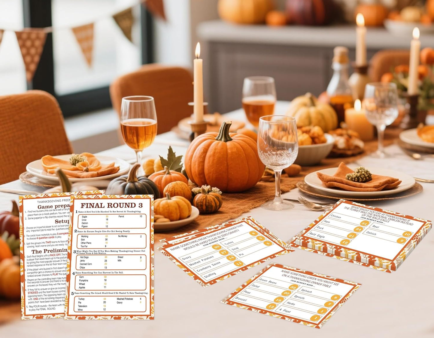 Thanksgiving Family Feud Game, Thanksgiving Party Games for Adults, Friendly Feud Quiz for Family Game Night Funny Trivia for Office Groups, 12 Question Game Cards and 3 Final Round Cards, 01