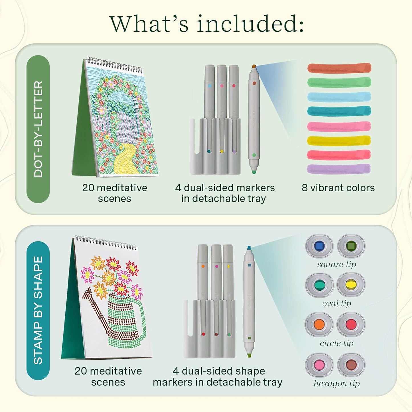 Lifelines FlowArt Activity Pad, 2-Pack & Bonus Pad - Guided Dot Art Meditations with Markers - Dot-by-Letter & Stamp-by-Shape Coloring Books for Tweens, Adults & Seniors