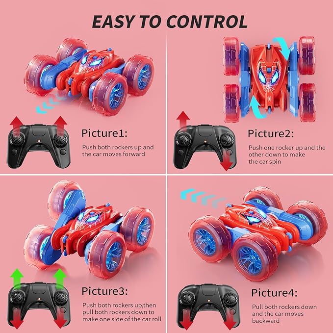 Spider Remote Control Car, 360° Stunt RC Cars for Kids Ages 6-12 Double-Sided Rotation, 4WD Cool Wheel Lights&2.4GHz Control; Rechargeable Electric Race Car Toys Gift for Boys Girls (Red&Blue)