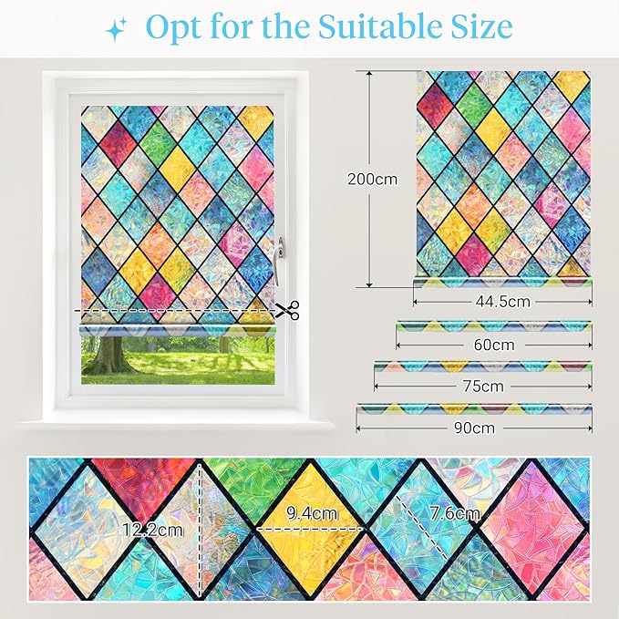 Haton Stained Glass Window Film, Rainbow Window Privacy Film, Decorative Sun Blocking Glass Clings Stickers, Static Cling Colorful Lattice Coverings Decals for Home Door 35.4" x 78.7"