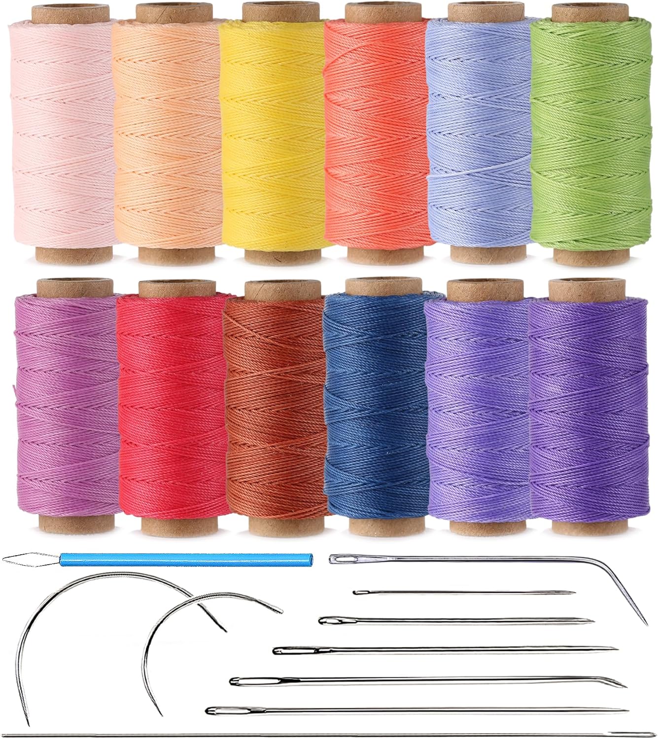 10-Year Popular Assorted Colors Round Waxed Thread -0.55mm 70 Yards 12 Spools Stiff Polyester Wax Cord for Beading, Leather Sewing, Bookbinding, Bracelets Braiding, Micro Macrame Craft Making