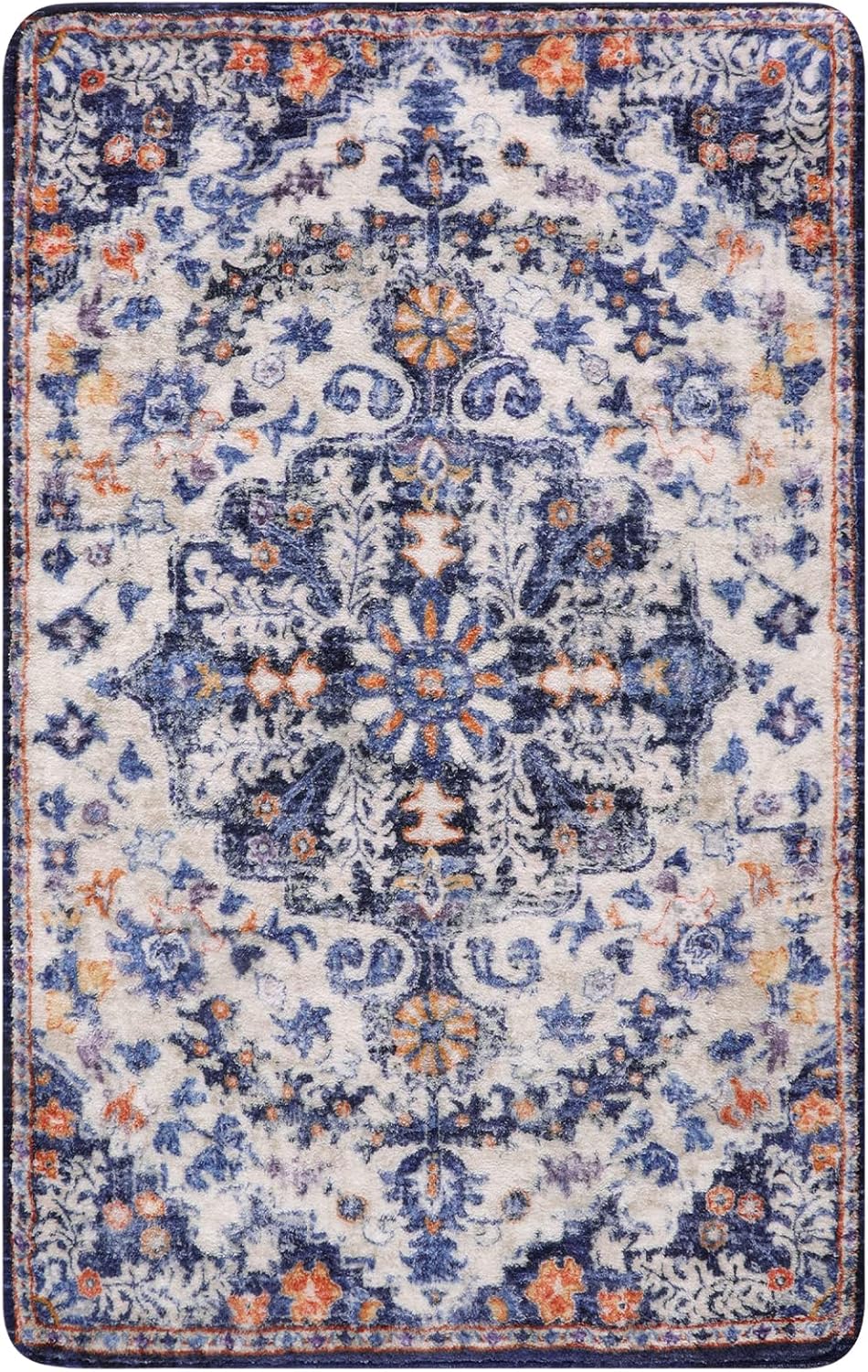 Lahome Bohemian Floral Medallion Area Rug - 3x5 Blue Soft Entryway Rug Washable Bedroom Mat, Cute Non Slip Indoor Office Carpet for Kitchen Mudroom Bathroom Coffee Table Hall Foyer