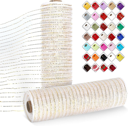 2 Rolls Mesh Ribbon for Wreaths 10 Inch x 30 Foot Wreath Mesh Rolls with Metallic Foil for Easter Christmas Party Wedding Home Decor DIY Craft Projects and Gift Wrapping (White/Gold)