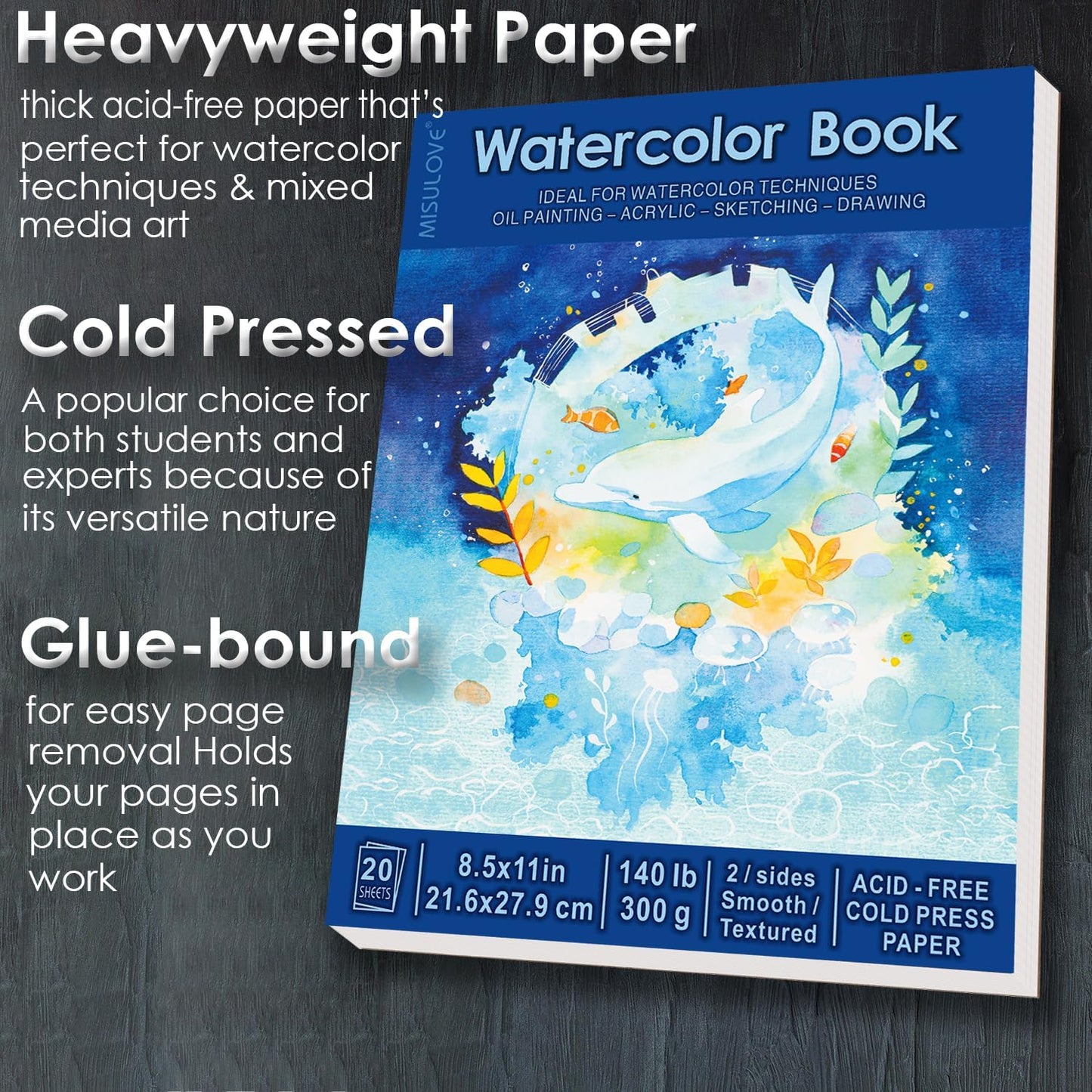 MISULOVE Watercolor Paper Pad, 8.5" x 11", Cold Press,140lb(300gsm), 20 Sheets Water Color Paper, Watercolor Workbook, Sketchbook for Wet and Dry Media, Journal, for Students and Beginners (White)