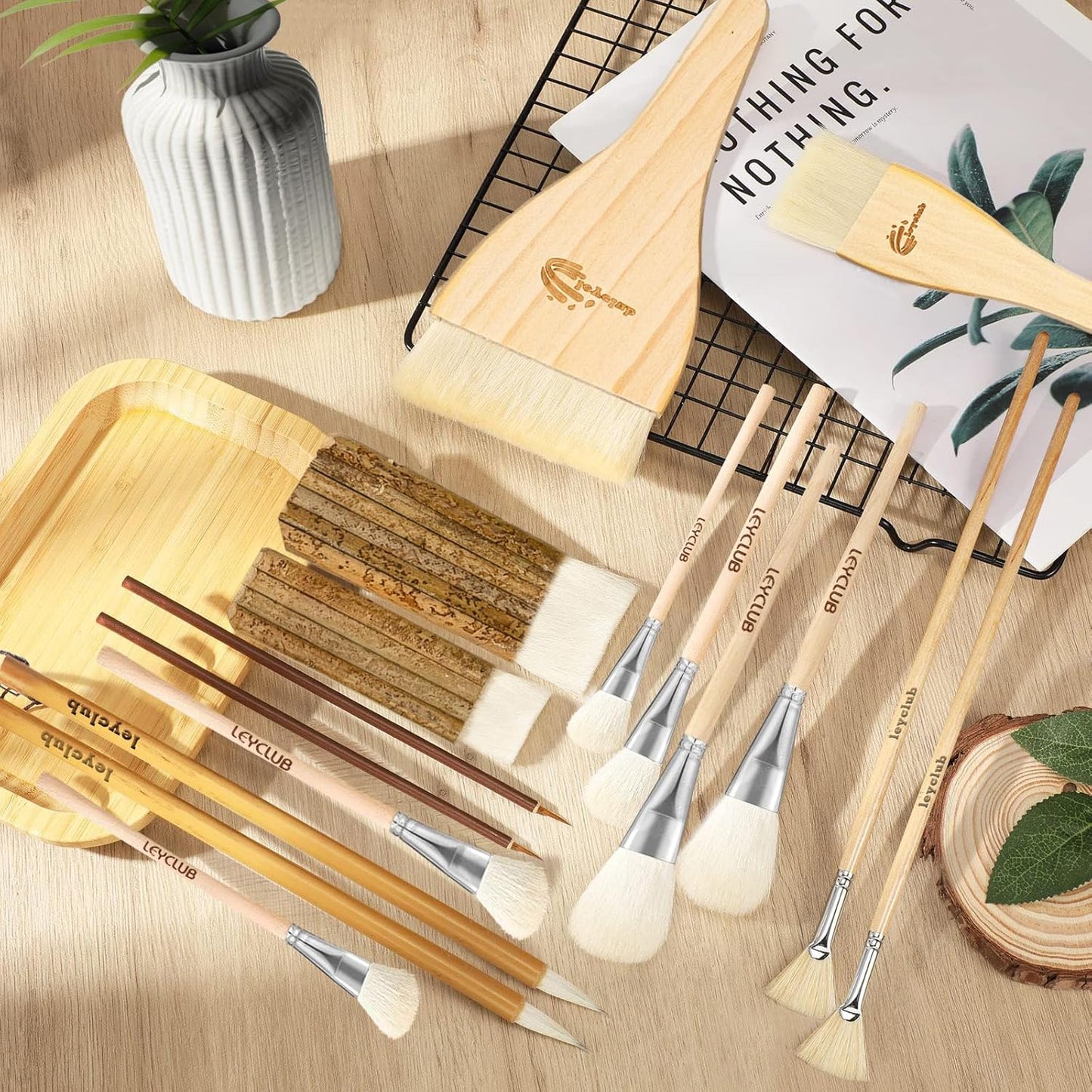 Pottery Glaze Brushes,16 PCS Painting Ceramic Brush Set, Different Shape Wool Soft Bristle for Ceramic Pottery Glazing Creation