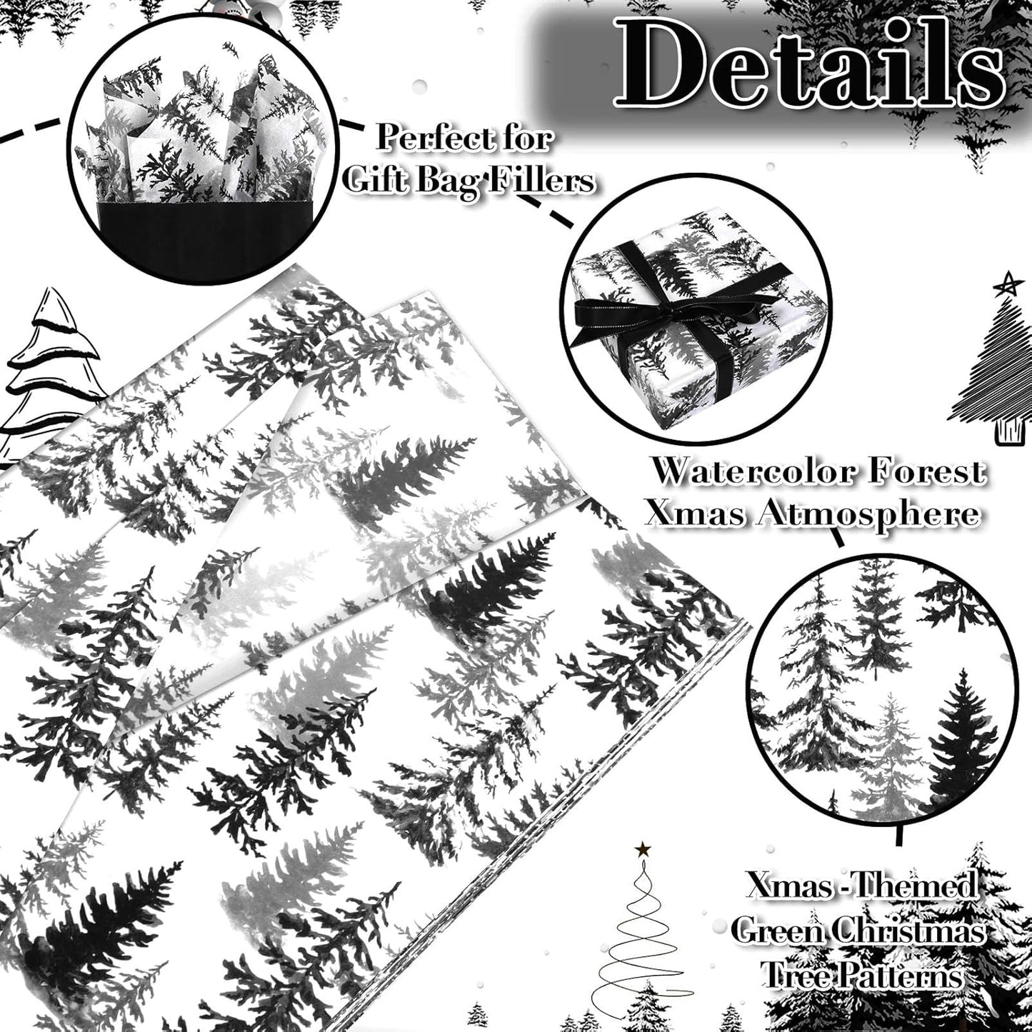 100 Sheets Christmas Tree Tissue Paper, 20x14in Forest Style Wrapping Tissue Watercolor Xmas Tree Art Tissue for Xmas Party Gift Bag Fillers Winter Party Decor (Black)