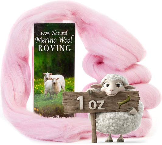 Desert Breeze Distributing 100% Natural Merino Wool Roving - Premium Combed Top Merino Roving Wool - Tapestry, Spinning, Wet Felting & Needle Felting Supplies - 21.5 Micron - 1 oz, Color Pink