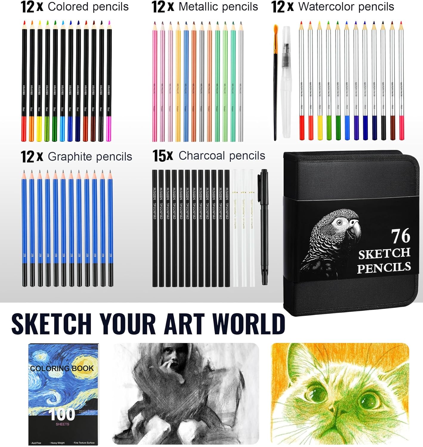 COOL BANK 76 Pack Art Supplies Sketching Kit with 100 Sheets 3-Color Sketchbook, Drawing Pencils Include Graphite Colored Charcoal Watercolor & Metallic Pencils, for Kids Adults Beginner Artists