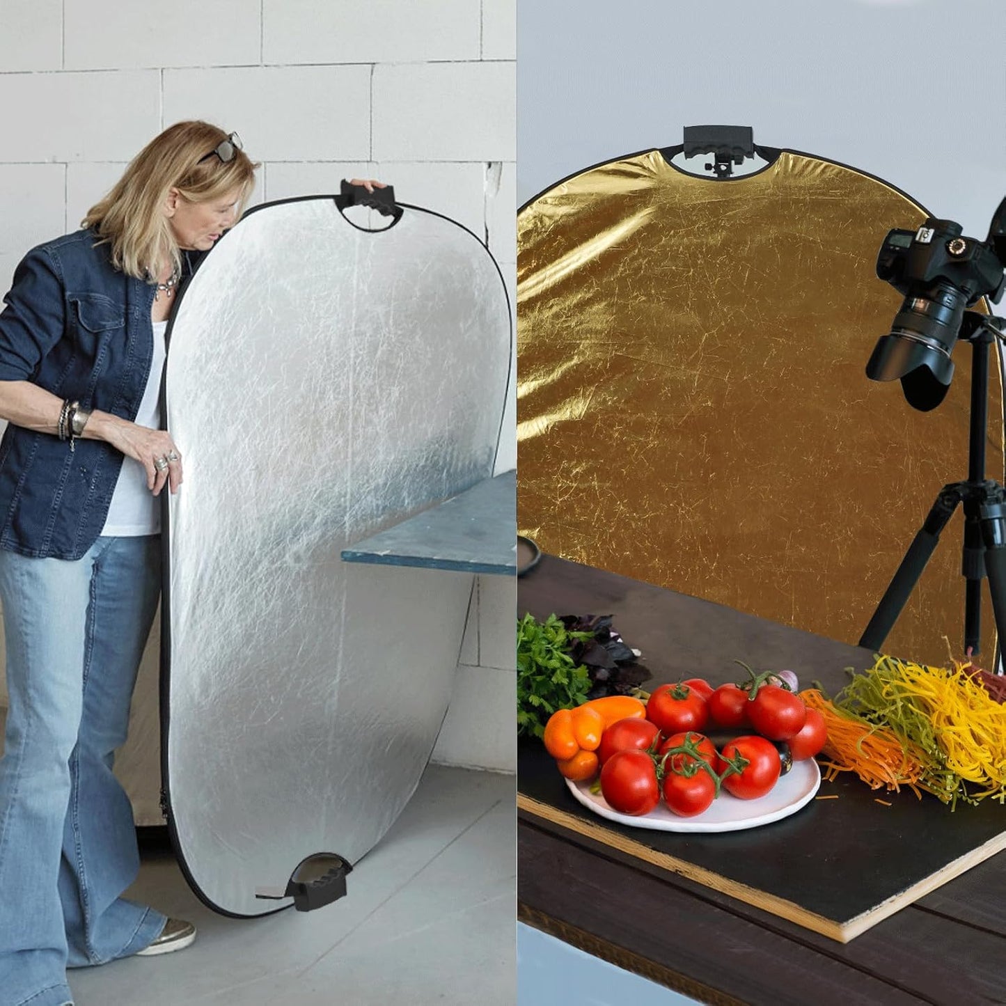 WELLMAKING 35''x47'' (90x120cm) Reflector Photography with Threaded Handle, Collapsible Light Reflector with Bag & tilt Adapter, 5in1 Reflector for Studio - Translucent, Silver, Gold, White and Black