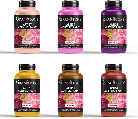 GRANOTONE Acrylic Paint Set - 6 Primary Colors, 7 oz Each | Non-Toxic Student Acrylics for Artists, Kids & Hobbyists | Ideal for Painting & Crafting | Vibrant & Safe Art Supplies | Made in India