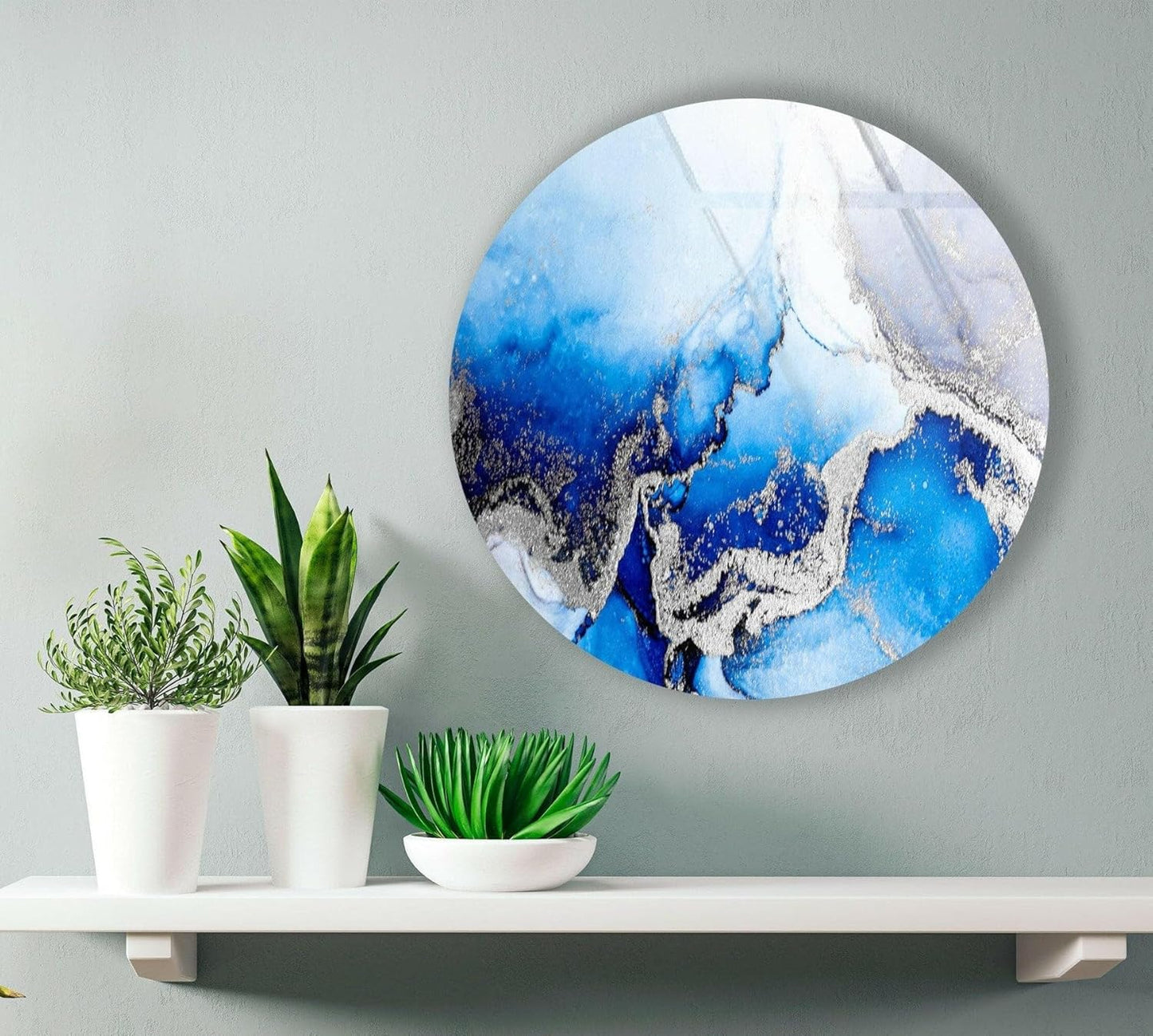 My Photostation.com 27.5''(70cm) Diameter Blue Marble Round with Silver Details Glass Wall Art Tempered Glass Printing Wall Decor Large Wall Art Wall Hangings