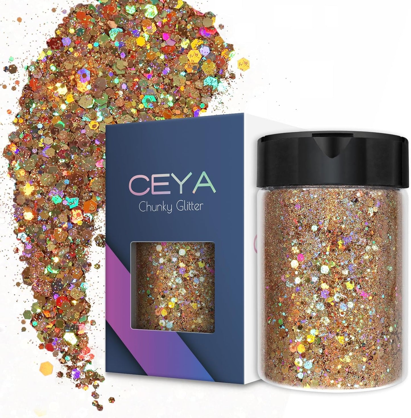 Ceya Holographic Chunky Glitter, 4.9oz/ 140g Gold Craft Glitter Powder Mixed Chunky & Fine Flakes Iridescent Nail Sequins for Nail Art, Hair, Epoxy Resin, Tumblers, Slime, Painting, Festival Decor