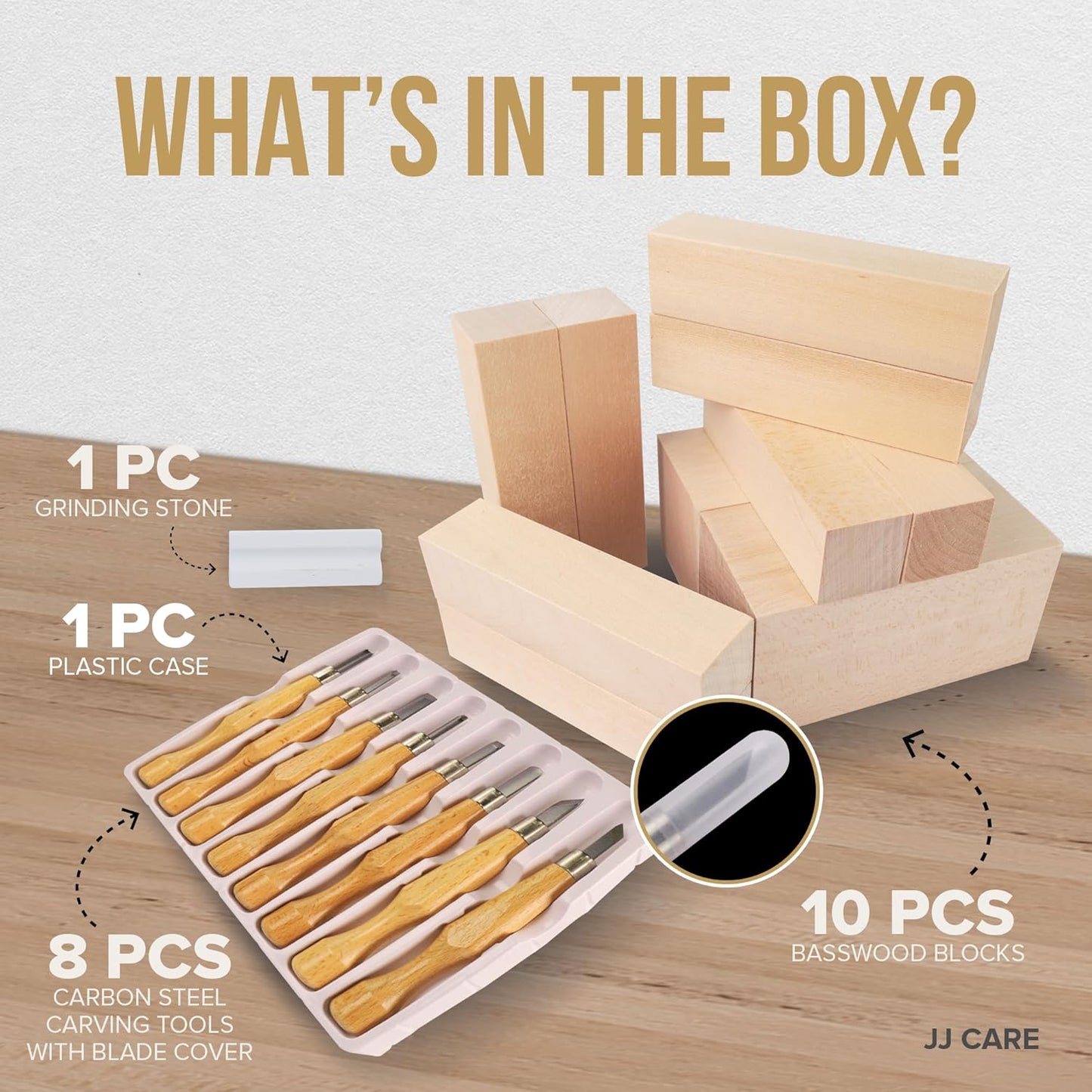 JJ CARE Wood Carving Kit [8 SK7 Carving Knives with Beechwood Handle, 10 Basswood Carving Blocks, and 1 Grinding Stone] - Beginner Wood Carving Kit, Wood Carving Tools Set, Wood Carving Set for Kids