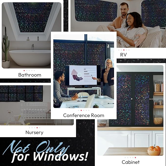 rabbitgoo Blackout Rainbow Window Privacy Film Decorative Stained Glass Diamond Pattern Window Sticker with Iridescent Tint Non-Adhesive Static Cling for Home Office Bathroom, 23.6 x 118.1 inch, Black