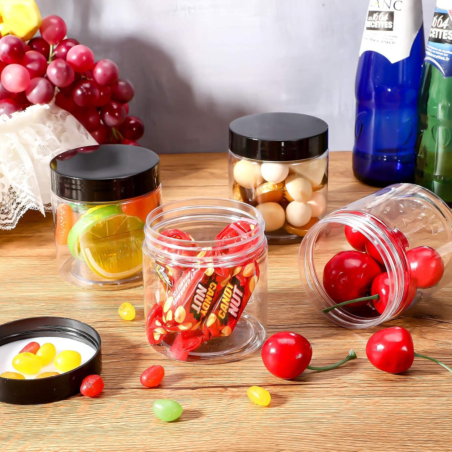 SATINIOR 12 Pack Plastic Container Jars with Lids Round Clear Travel Cosmetic Container Slime Jar for Toiletries, Lotion, Cream, Ointment, Makeup, Rhinestone, Sample, Kitchen Storage(8 oz,Black)