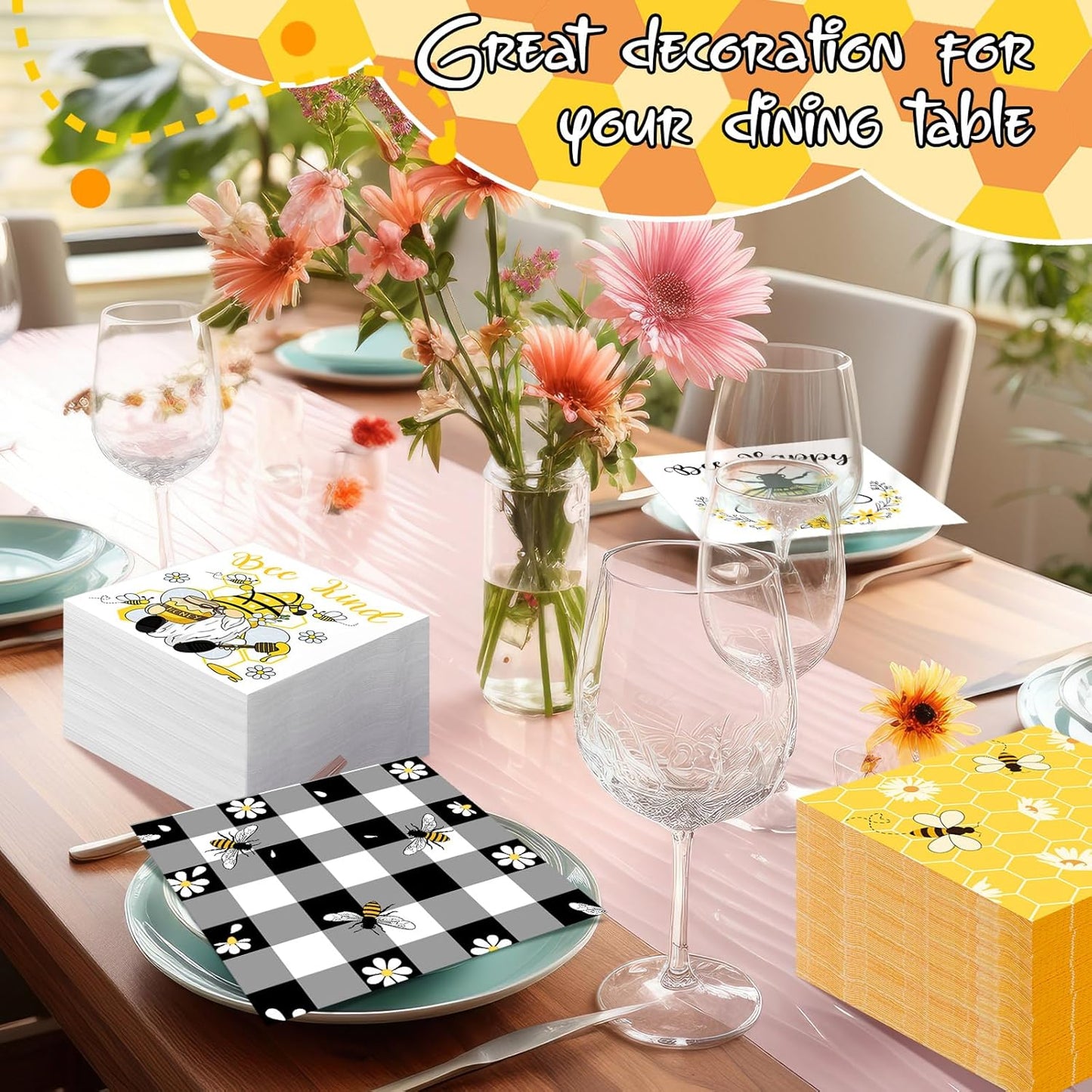 Fulmoon 200 Pieces Summer Bee Cocktail Napkins Disposable Decorative Decoupage Beverage Paper Napkins Bulk Dessert Towel for Summer Tea Party Dinner