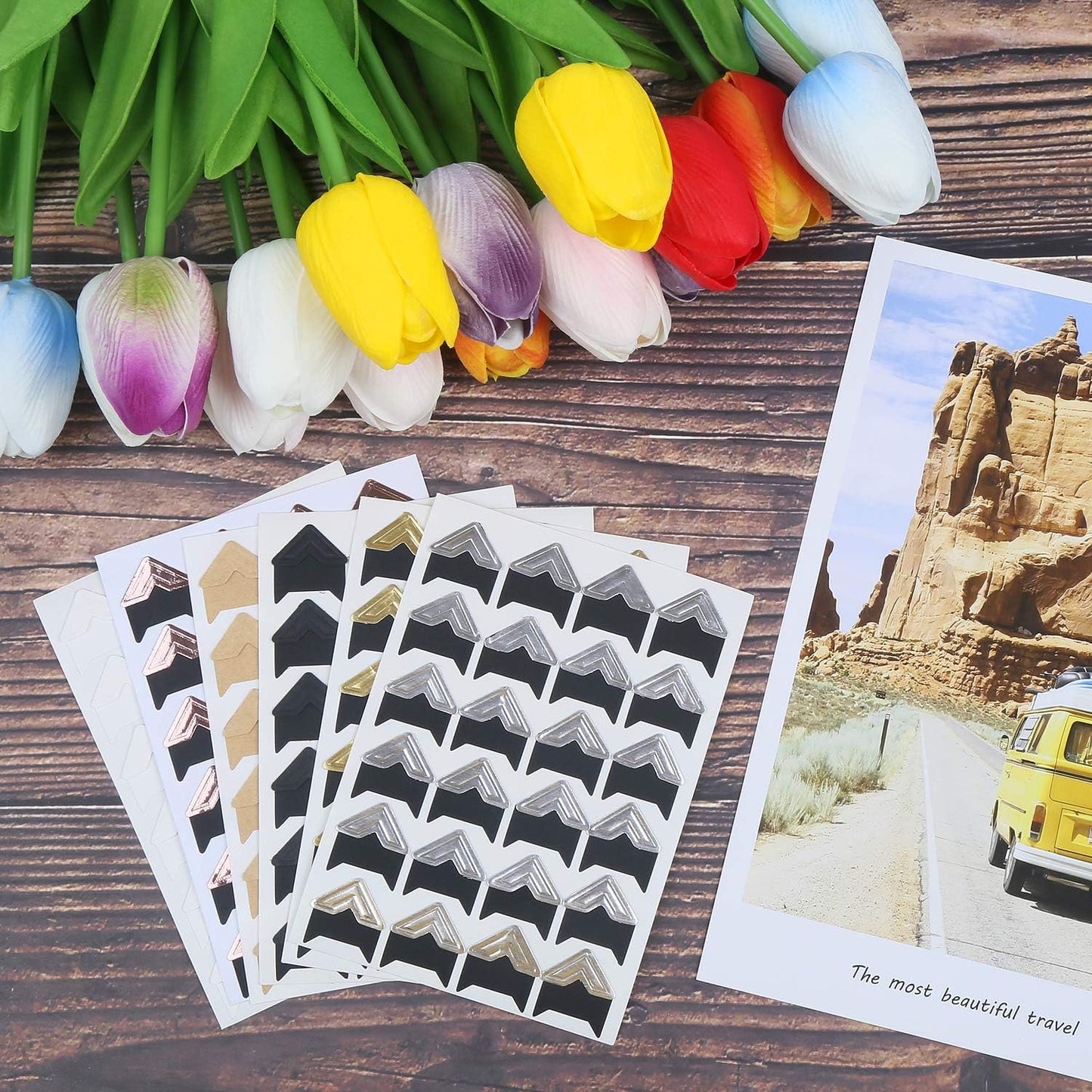 DERAYEE 12 Sheets Photo Corner Stickers, 6 Colors Self Adhesive Photo Mounting Corners for Scrapbooking Photo Album Diary DIY Craft