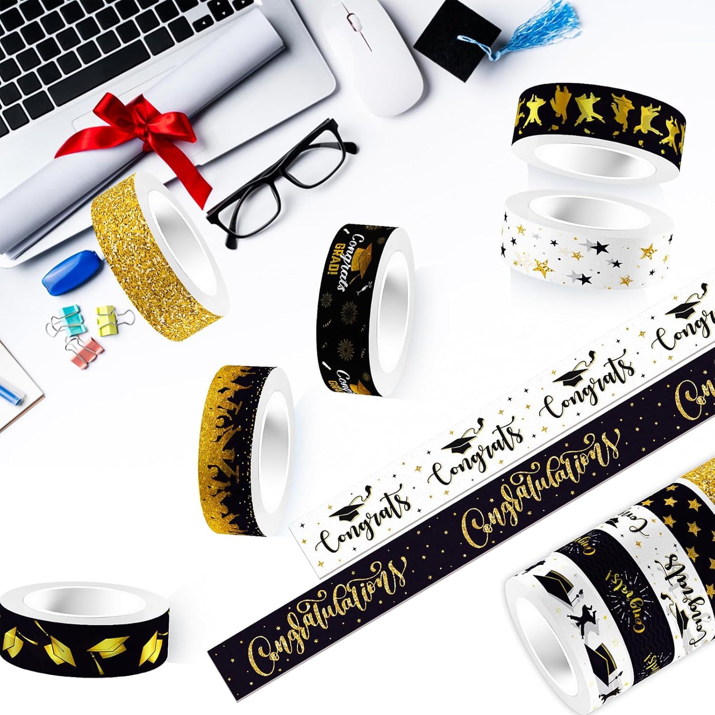 12 Rolls Graduation Washi Tape, Black Foil Gold Congrats Grad Masking Tapes, Congratulations Grad Cap Decorative Paper Stickers for Graduation Scrapbook Gift Wrapping DIY Art Crafts 16.4FT