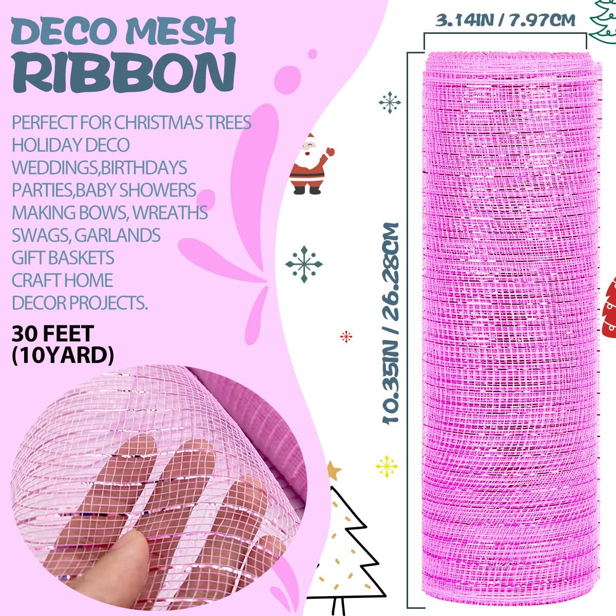 Anivia Deco Mesh Ribbon, 10inch x 30 Feet Each Roll Metallic Foil Mesh Ribbon for Wreaths Swags, Holloween, and Christmas Tree Decoration (Pink/Pink Foil)