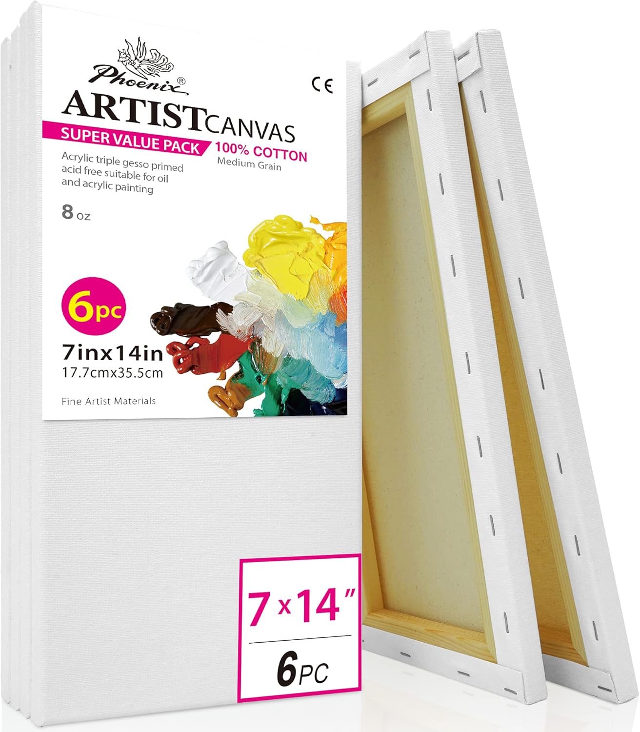 PHOENIX Long Stretched Canvas for Painting 7x14 Inch/6 Value Pack, 8 Oz Triple Primed, 5/8 Inch Profile, 100% Cotton White Blank Canvas, Rectangular Framed Canvas for Oil Acrylic & Pouring Art
