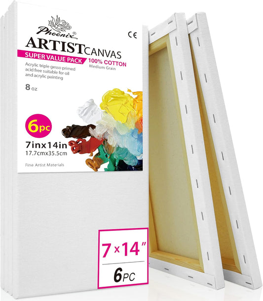PHOENIX Long Stretched Canvas for Painting 7x14 Inch/6 Value Pack, 8 Oz Triple Primed, 5/8 Inch Profile, 100% Cotton White Blank Canvas, Rectangular Framed Canvas for Oil Acrylic & Pouring Art