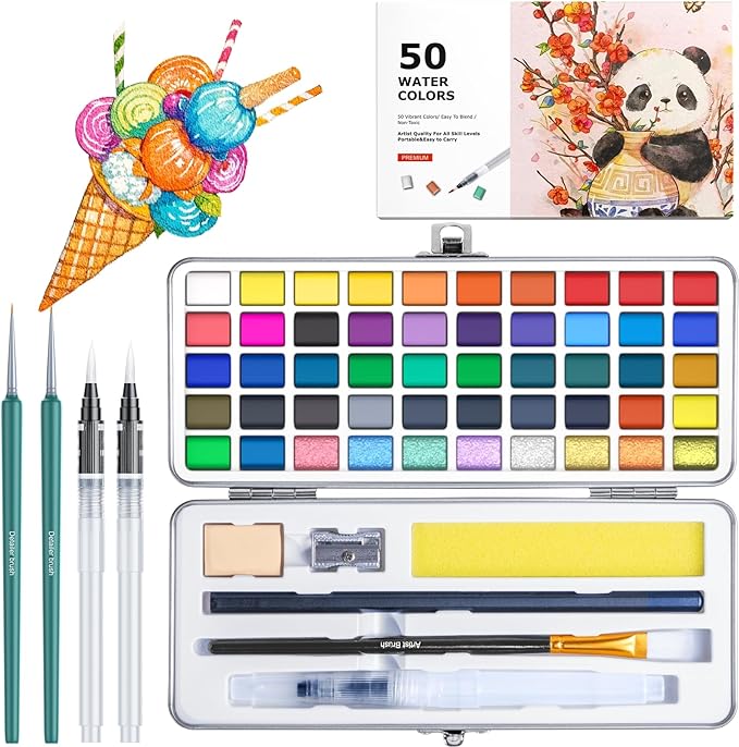 Watercolor Paint Set 100 Colors botkc Travel Water Colors kit with 7 Brushes 8 Watercolor papers Palette set Including Metallic and Accessories Art Supplies Gifts for Kids Artists Teens Adults and Hobbyists (50 unique colors)