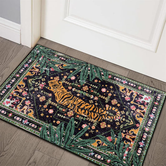 Oriental Tropical Entryway Rugs Washable, Thin Black Boho Vintage Distressed Hippie 2x3 Throw Rugs for Bathroom Kitchen Indoor Doormat Non-Slip Abstract Botanical Tribal Indian Accent Carpet