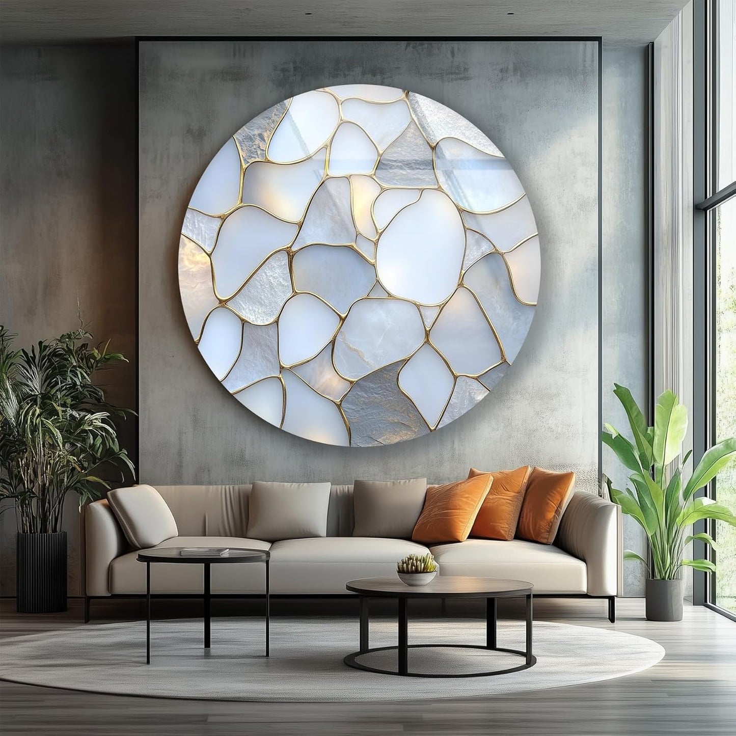 My Photostation.com 31.5''(80cm) Diameter White Stone Mosaic Round Glass Wall Art Tempered Glass Printing Wall Decor Large Wall Art Wall Hangings