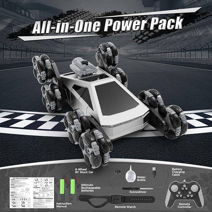 8 Wheel RC Stunt Car with Gesture Control, Spray & LED Lights, Gesture Sensing Remote Control Cars for Boys Age 6 7 8-12 13 14 Year Old, Christmas Birthday Gifts Ideas for Kids