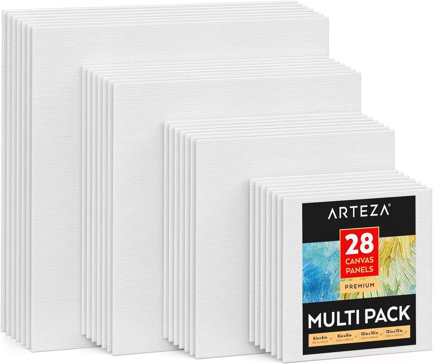 ARTEZA Canvases for Painting, Multipack of 28, 6 x 6, 8 x 8, 10 x 10, 12 x 12 Inches, Square Canvas Panels, 100% Cotton, 12.3 oz Gesso-Primed, Art Supplies for Acrylic Pouring and Oil Painting
