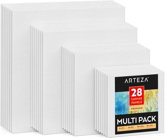 ARTEZA Canvases for Painting, Multipack of 28, 6 x 6, 8 x 8, 10 x 10, 12 x 12 Inches, Square Canvas Panels, 100% Cotton, 12.3 oz Gesso-Primed, Art Supplies for Acrylic Pouring and Oil Painting