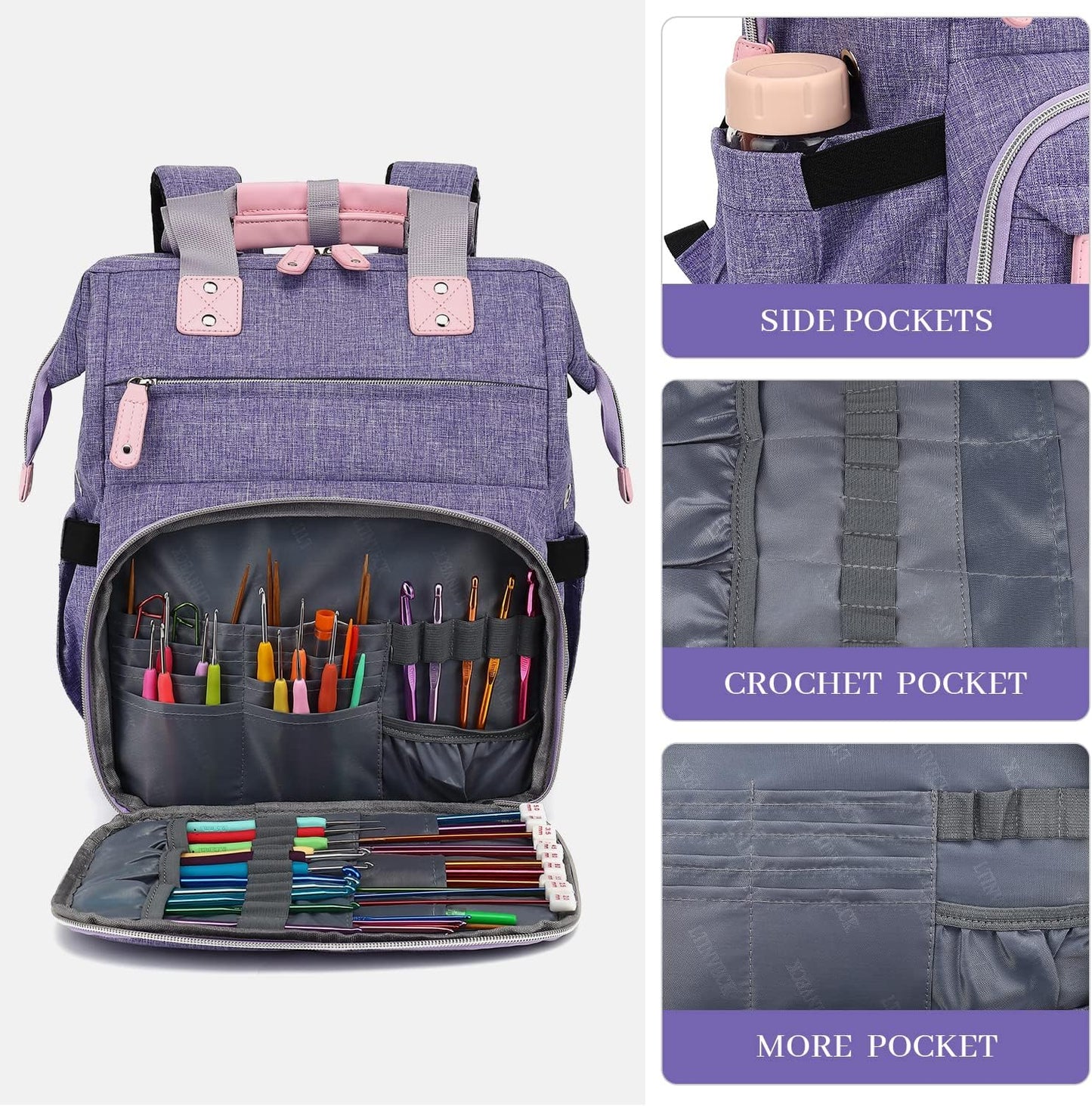 Crochet Backpack,Knitting Bag Backpack Yarn Storage Organizer Travel Crochet Bag with USB Charging Port,Large Yarn Tote Bag, Purple, Crochet Backpack, Travel