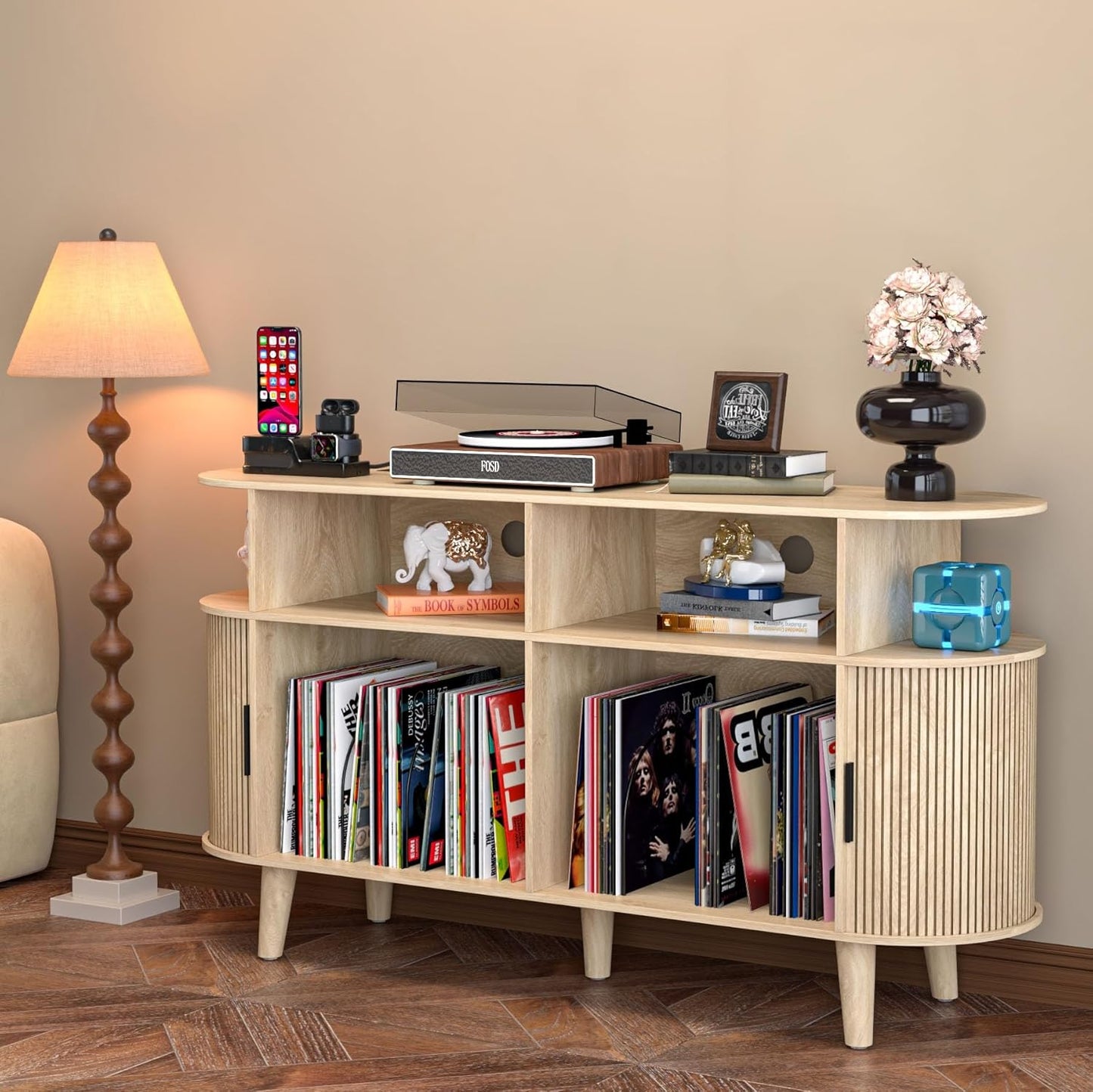 Large Round Record Player Stand with Charging Station & USB Ports，Record Storage Cabinet, Mid Century Modern Turntable Stand for Bedroom Living Room (Oak)