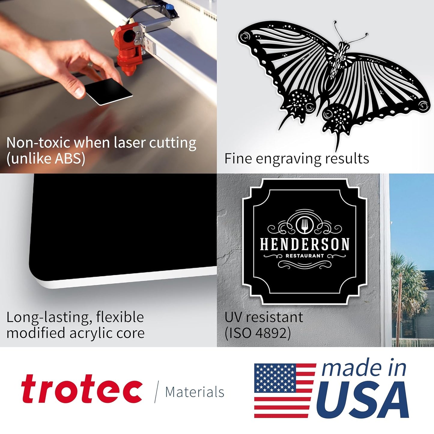 Trotec TroLase | 12"x12"x1/32", 8 Pcs | Black/White | 2 Ply | Modified Acrylic | Laser Engraving Double Color Plastic Sheet | Engraving Blanks for Laser, Saw, Guillotine | Made in USA