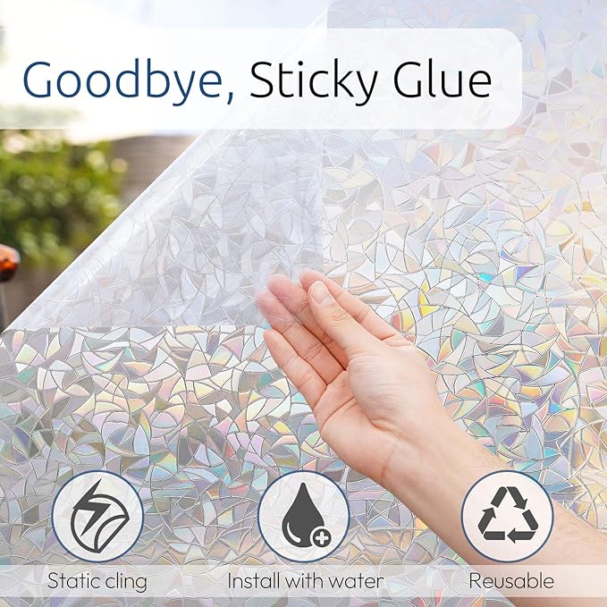 rabbitgoo Window Privacy Film Rainbow Film Decorative Window Sticker, 3D Static Stained Glass Cling Tint for Home Heat Control Non-Adhesive, 11.8 x 78.7 inches