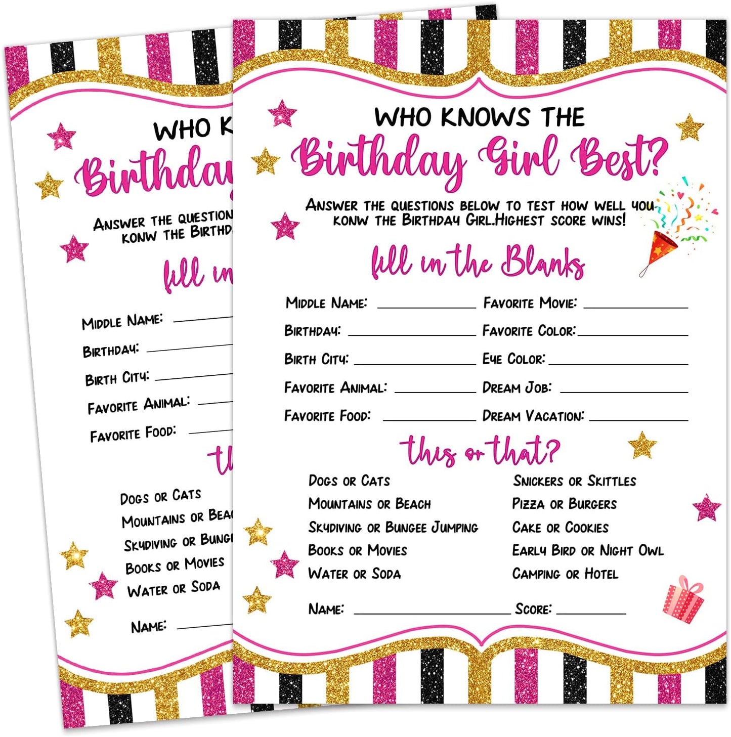 20 Pieces Who Knows The Birthday Girl Best Game Cards - Birthday Party Activity Game Card Set Girly Themed Party Activity and Idea - for Child or Teen - Girl Birthday Supplies, Activity, Decorations