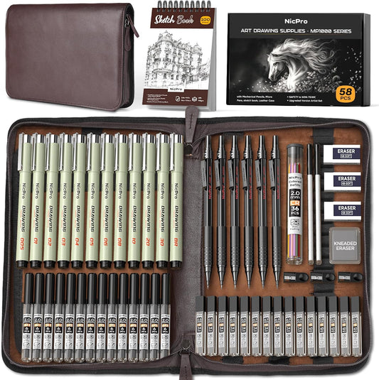 Nicpro 58PCS Art Drawing Supplies Kit in Leather Case, MP1000 Black Metal Mechanical Pencil Set with Drafting Pencil 0.5, 0.7, 0.9 & 2mm, 12 Micron Pen, Sketch Book, 30 Tube Lead Refills for Sketching
