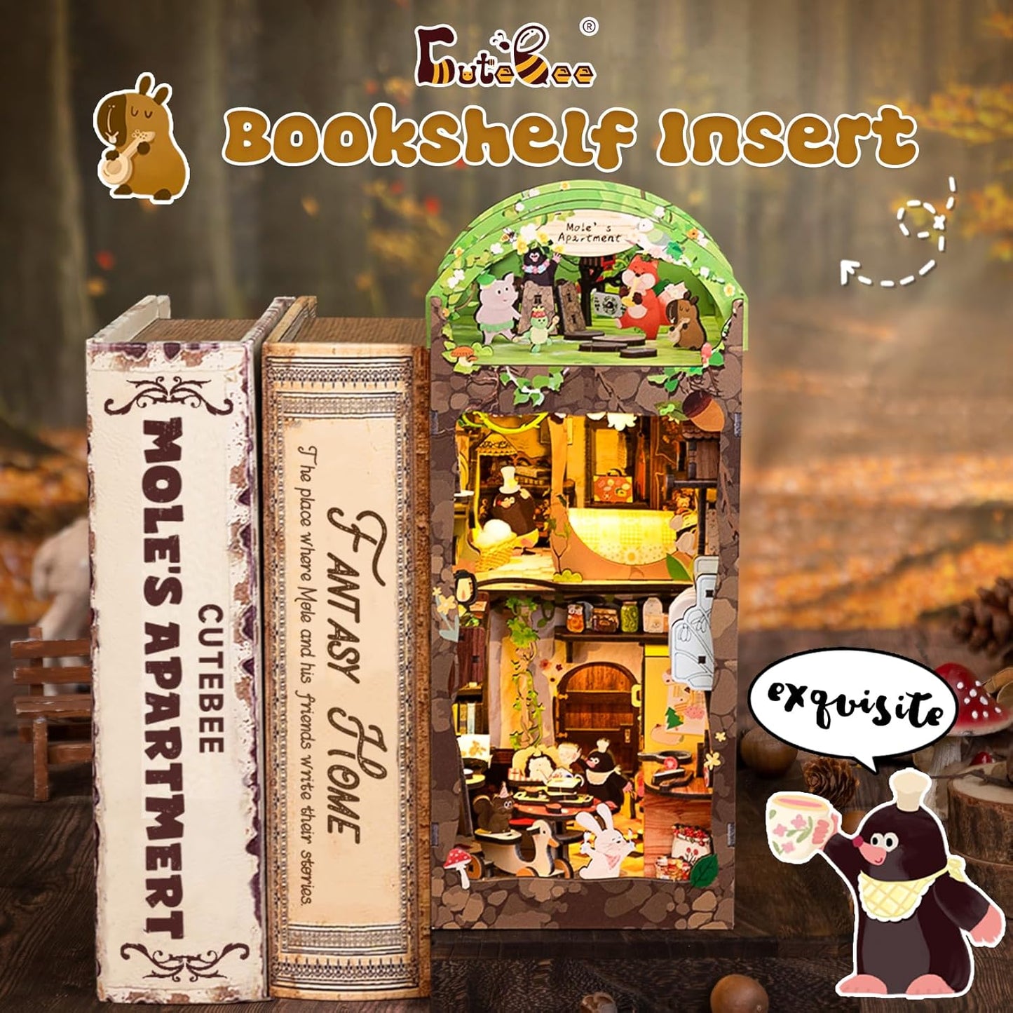 CUTEBEE Book Nook Kit, DIY Booknook Miniature House Tiny House 3D Wooden Puzzle Dollhouse Kit for Adults and Teens, Bookshelf Insert Decor, DIY Craft Gift Model Build