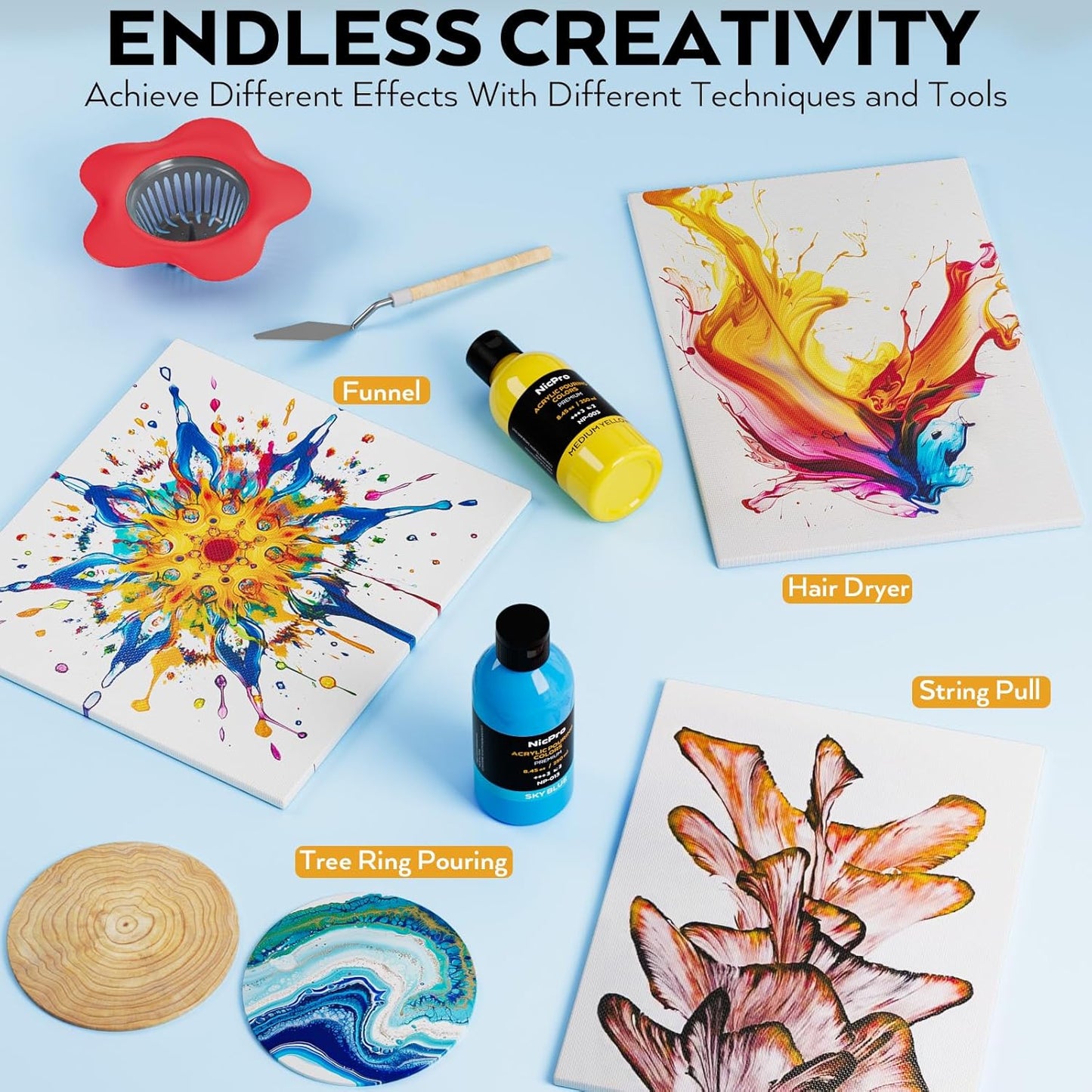 Nicpro 24 Colors 8.45oz Acrylic Pour Paint Supplies Kit, Large Volume Premixed High Flow Painting Bulk Set with Canvas, Wood Natural Slices, Pouring Oil, Tools Gloves, Strainer, Cups for Beginner DIY