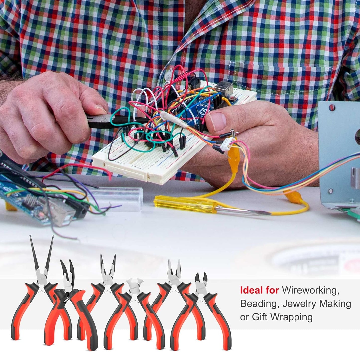 HAUTMEC 6PCS Mini Pliers Set High Leverage Multi Small Pliers Tool Set with Small Needle Nose Pliers Set, Linesman, Long Nose, Bent Nose, Diagonal Cutters, End Cutting Plier for Jewelry and Electronic