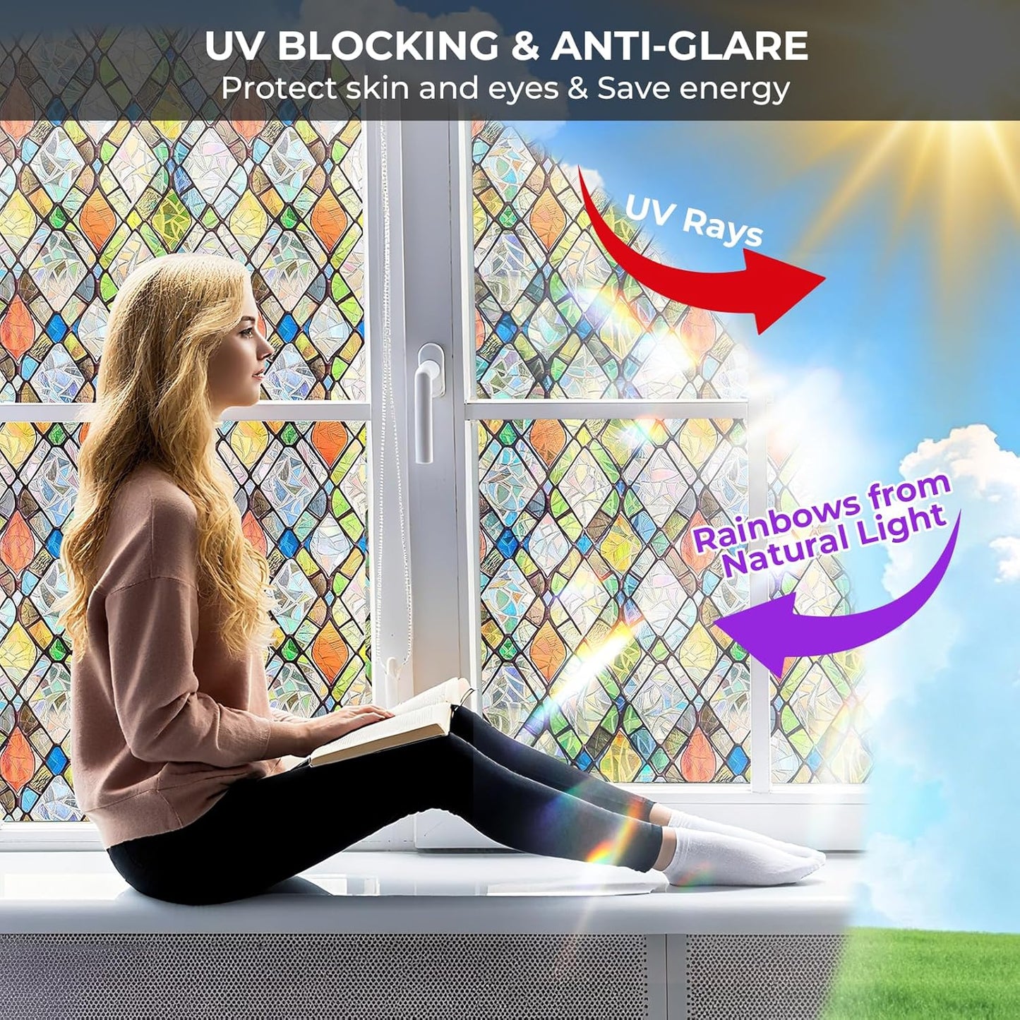 Window Privacy Film Rainbow Film Stained Glass 3D Static Cling Decorative Window Sticker for Bathroom,Front Door,Home Heat Control UV Blocking Non Adhesive,Diamond Grid 23.6 x 78.7inches