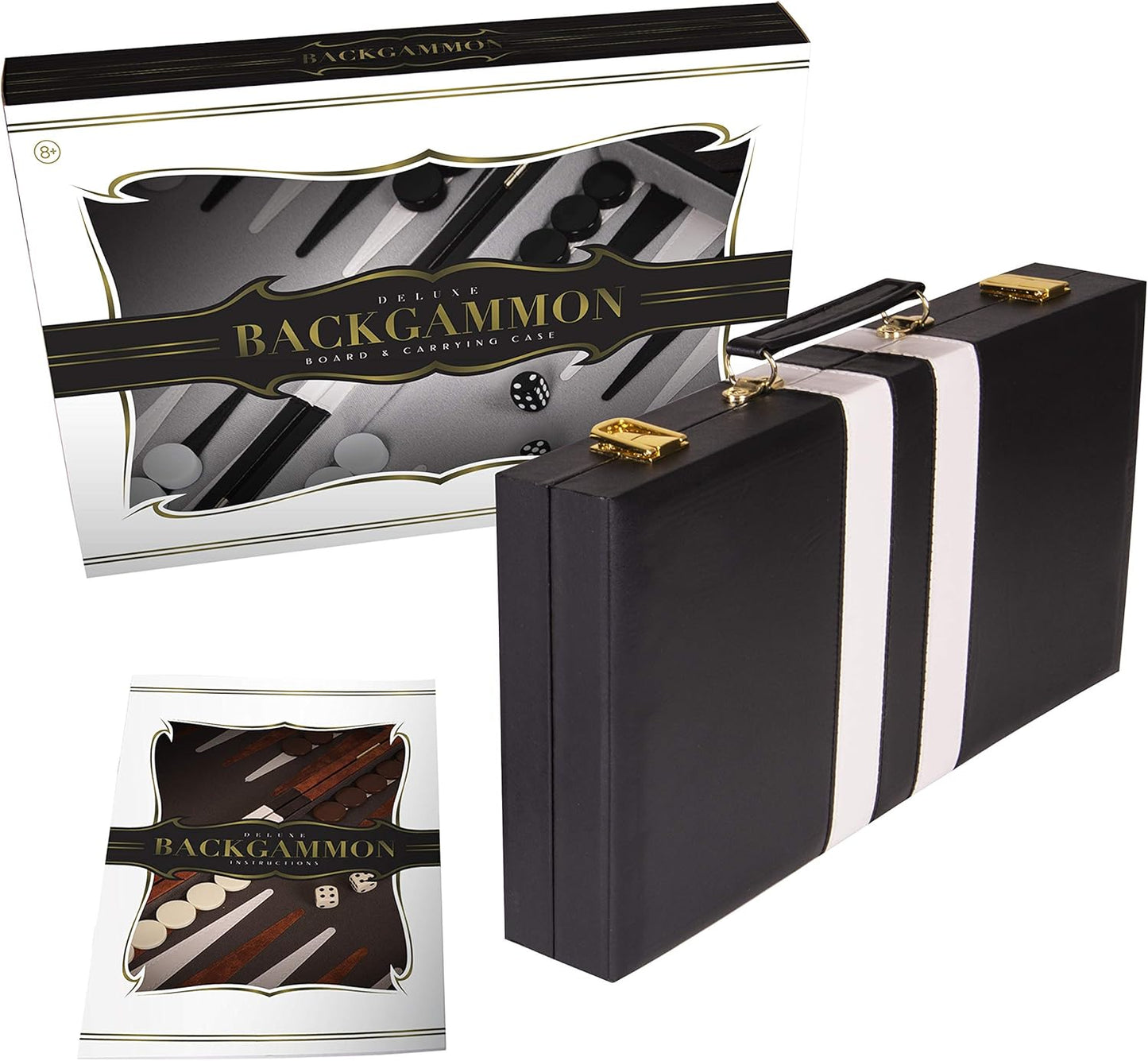 Backgammon Sets for Adults with Premium Leather Case | Classic Travel Backgammon Set for Adults and Kids with Strategy & Guide | 15 Inches | Medium | Black