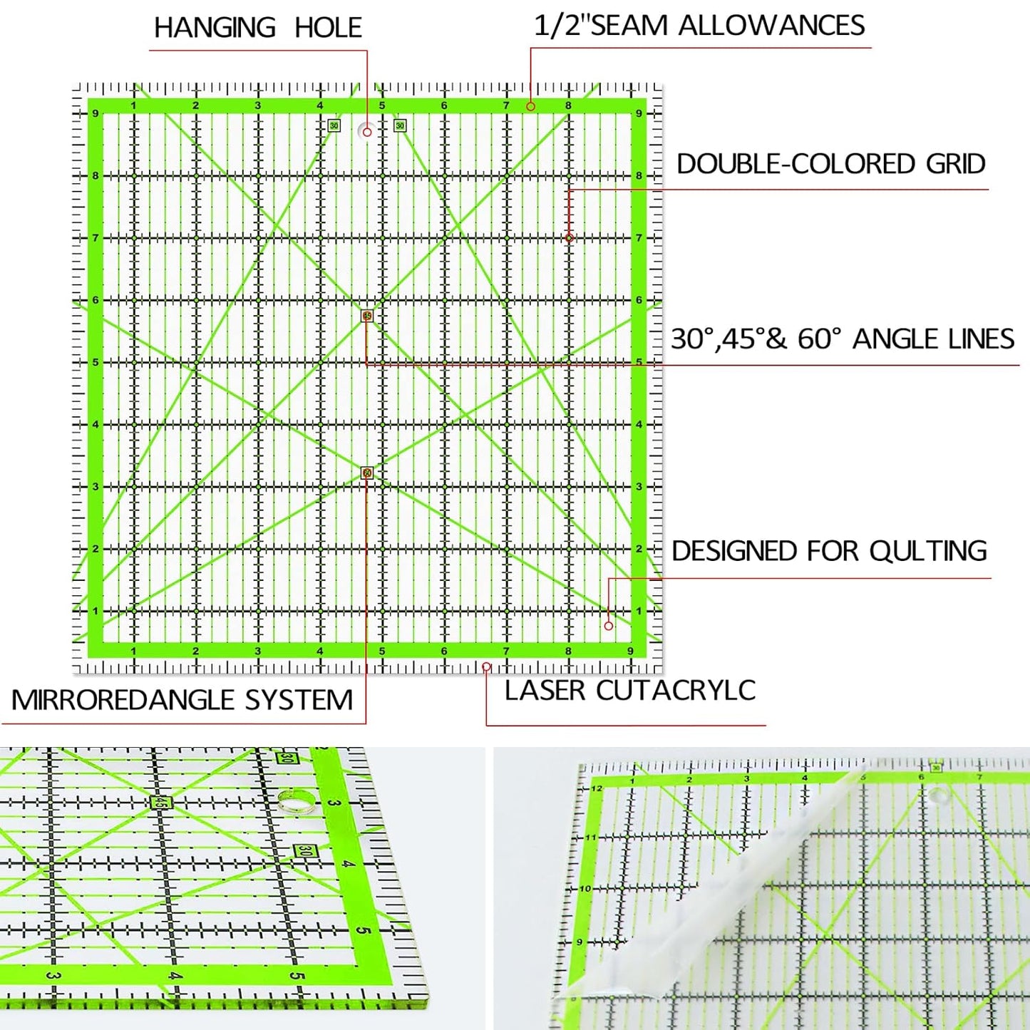 Quilting Rulers, Acrylic Quilt Ruler,4 Square Fabric Cutting Ruler (4.5"X4.5", 6"X6", 9.5"X9.5", 12.5"X12.5"), Quilting Templates with Non Slip Rings.