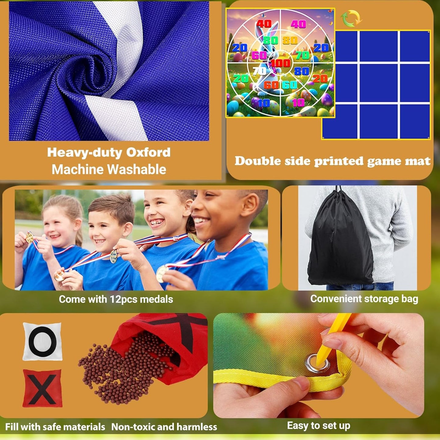 2-in-1 Outdoor Games Large Bunny Egg Bean Bag Toss & Giant Tic Tac Toe 4.5Ft, Double-Sided Lawn Yard Game for Kids Adults, Easter Party, Camping Backyard Carnival Field Day, Family Reunion Fun