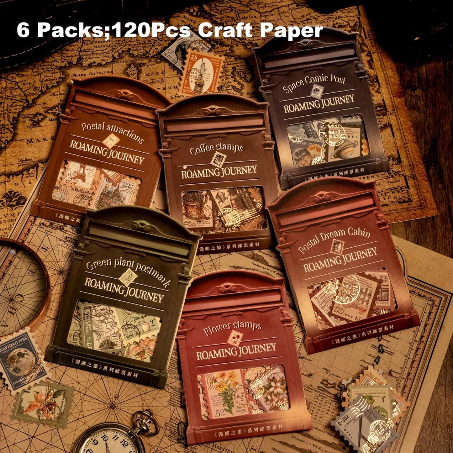 Vintage Stamp Paper Set, 120 PCS Embossed Scrapbook Paper Kit for Journaling, DIY Collage, Card Making, and Art Crafts Supplies