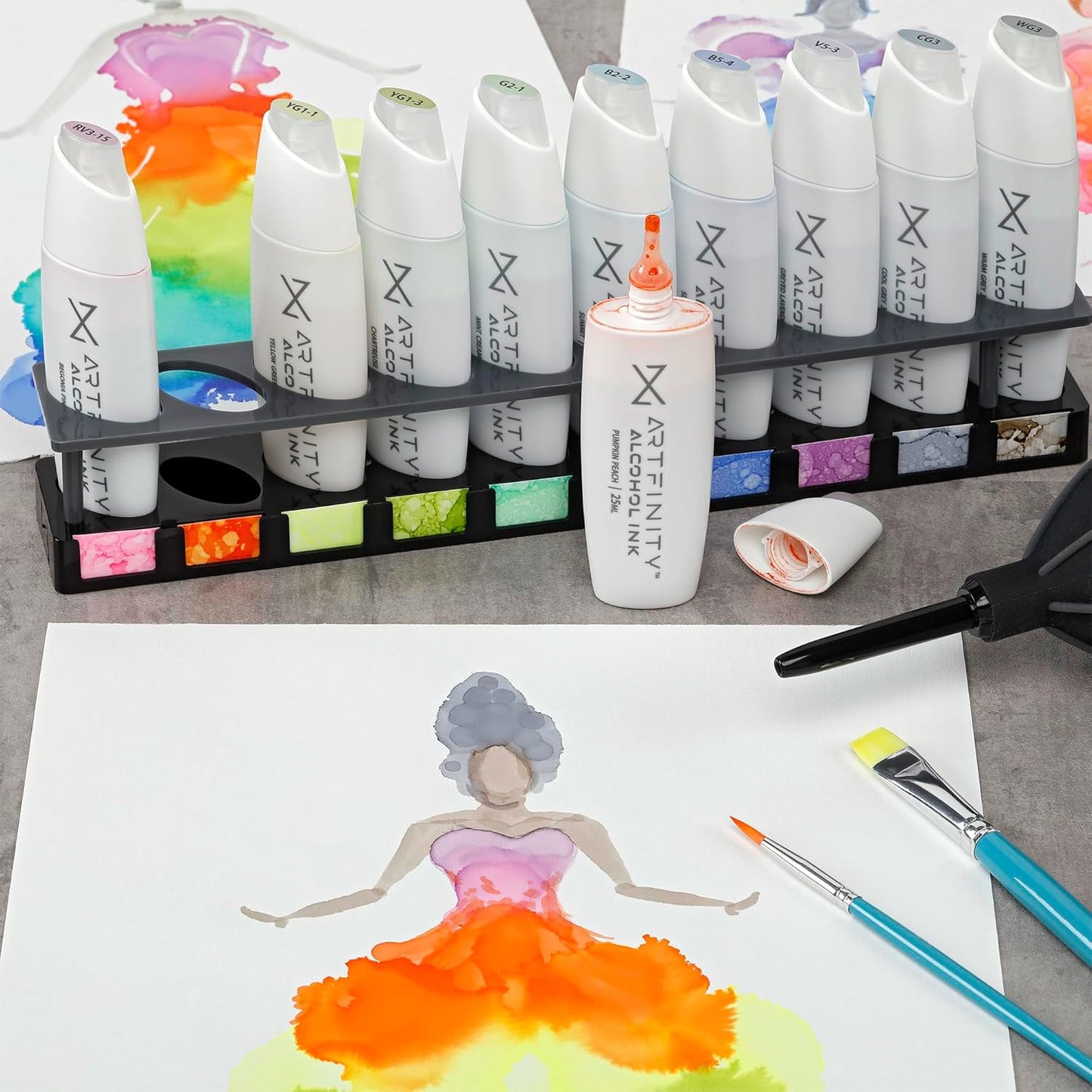 Artfinity Alcohol Ink Pretty in Pastel Set of 10 Colors (25 ml) with Free Acrylic Stand - for Painting or Alcohol Marker Refill Ink, Acid-Free, Fast-Drying, Permanent, Transparent, Swatch Template