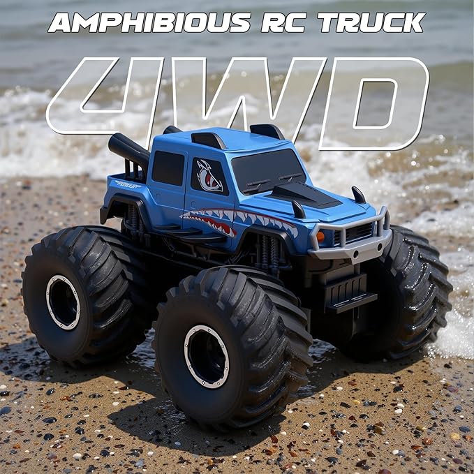 Amphibious Remote Control Trucks,2.4G 1:18 4WD All Terrain Off-Road Waterproof Monster RC Cars Pool Toys Hobby RC Vehicle Christmas Birthday Gifts for Kids Boys Girls 8 9 10 11 12+ Bule